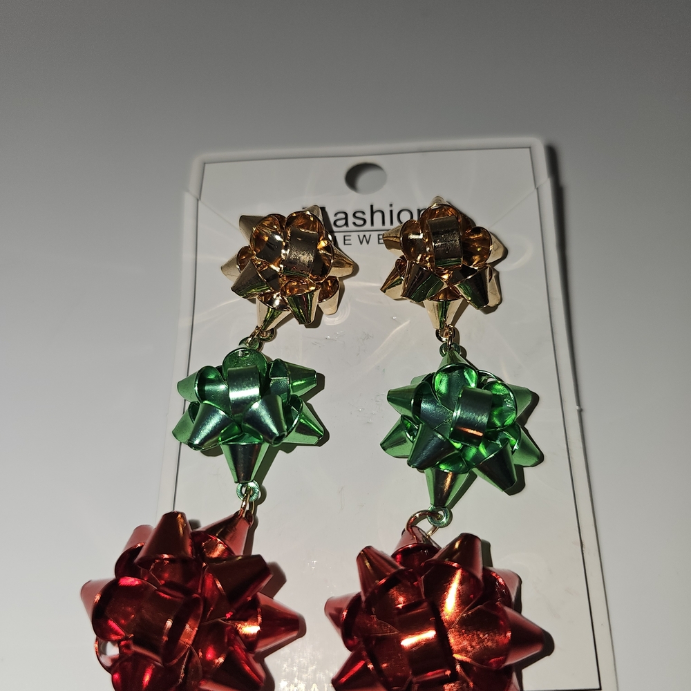 Cascading Gold, Green, and Red Bow Earrings